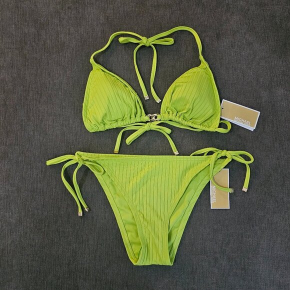 Michael Kors Women lime Green bikini & side tie bottom 2 Piece Swimsuit sz Large - Picture 1 of 9